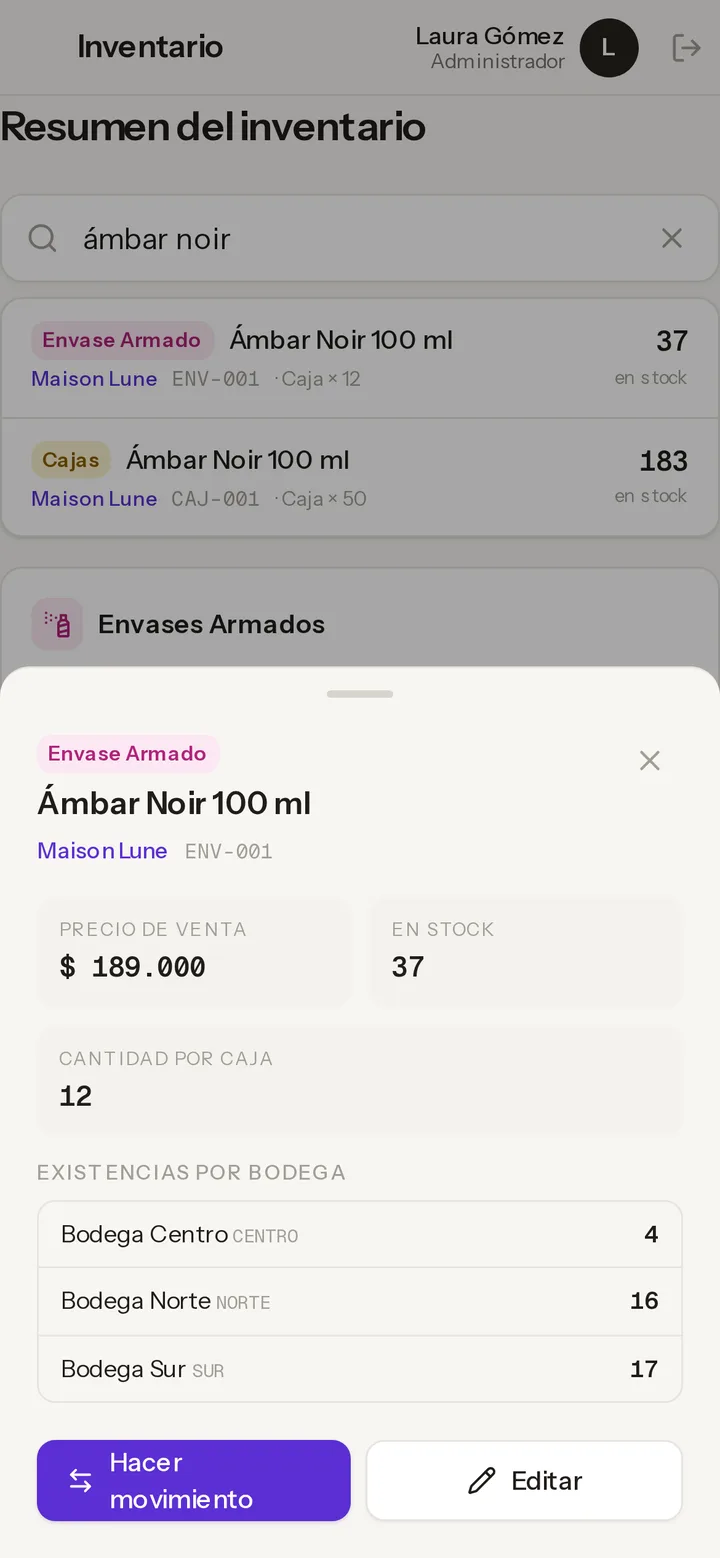 Ficha de un producto con las existencias en las bodegas Centro, Norte y Sur