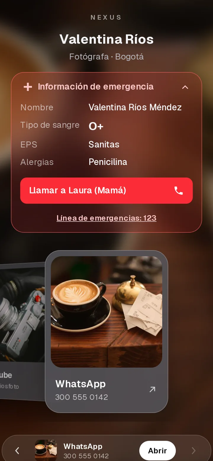 Información de emergencia con tipo de sangre y contactos