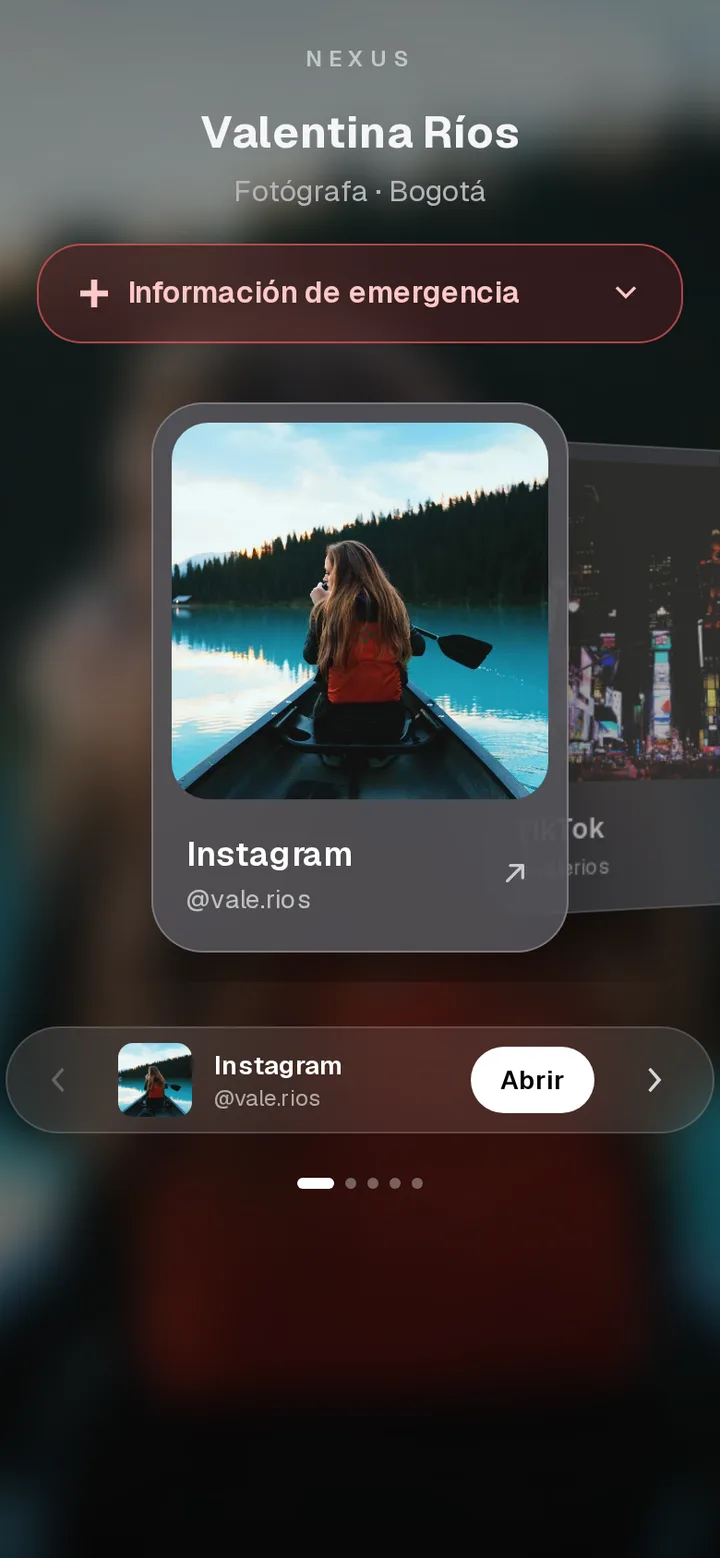 Perfil público de Nexus con las redes en un carrusel